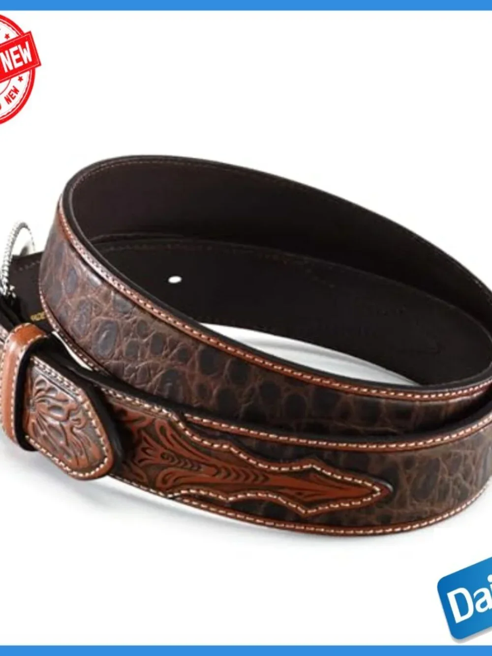 Men's Genuine Leather Belt with Floral Tab Buckle Size 34